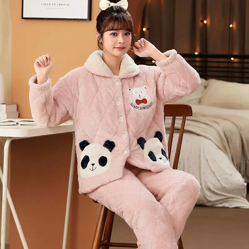 Can Be Worn Outside Sleepwear Coral Velvet Pajama Women's Autumn Winter Three-layer Padded Jacket with Flannel Warm Homewear Set