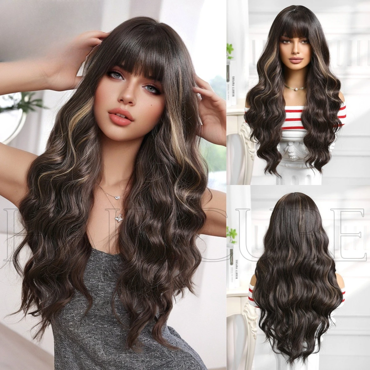 

Wig long curly hair wavy brown highlight dyed wig headgear women's daily full head wig