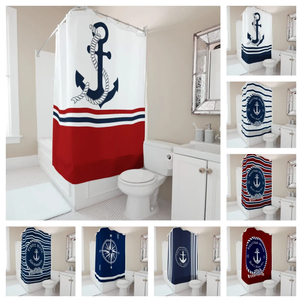 Custom Name Nautical Shower Curtain Anchor Design Waterproof Fabric Bathroom Decor Ocean Themed Personalized Bath Curtain