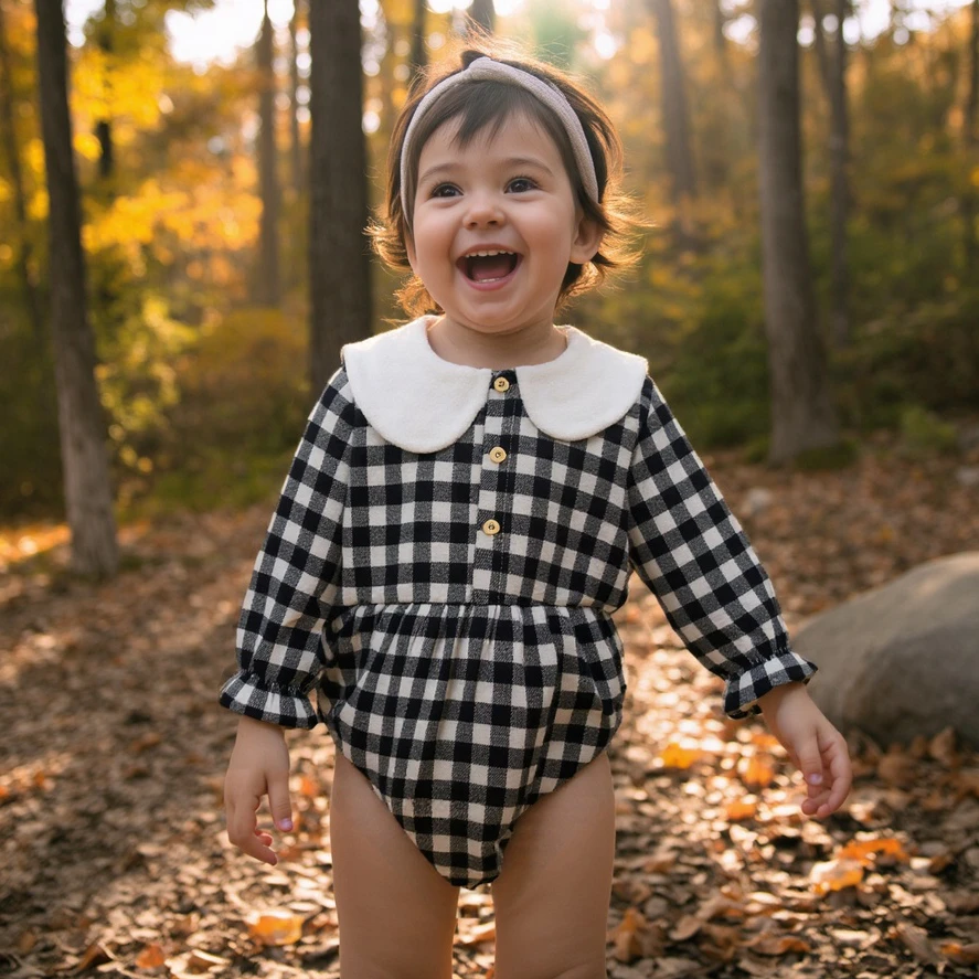 Sanlutoz Autumn Long Sleeve Cotton Onesies checkered Pattern for Baby Girls