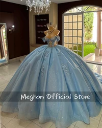 Blue Bead Appliques Quinceanera Dresses Ball Gown 3D Flower 2024 Birthday Luxury Dress Off The Shoulder Formal Gown Customized