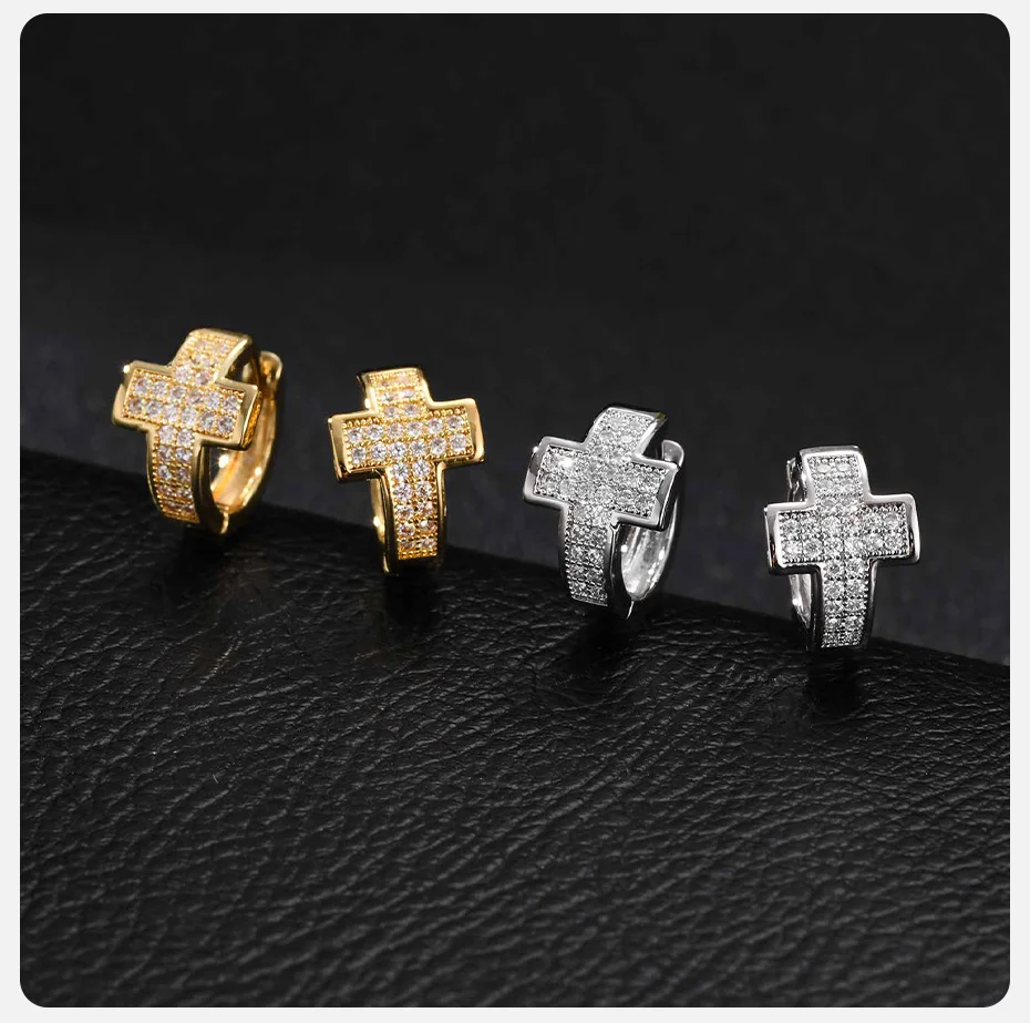 Vnox Herren Kreuz-Huggie-Creolen, Kupfer-Mikro-Pavé-Creolen mit CZ-Einlage, Punk-Hip-Hop Kleine Creolen für den Alltag, Party-Geschenk – Detail 5