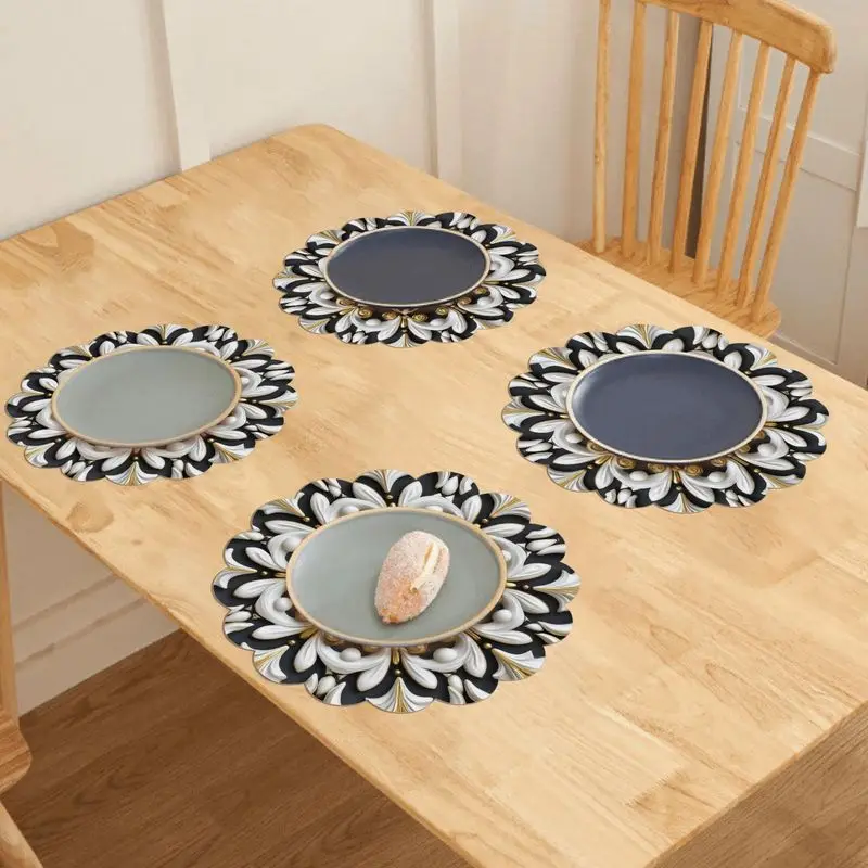 VIKAMA Light Luxury Black and White Placemat - Gold Flower Wave Lace Heat Resistant Mat, European Retro Table Decor