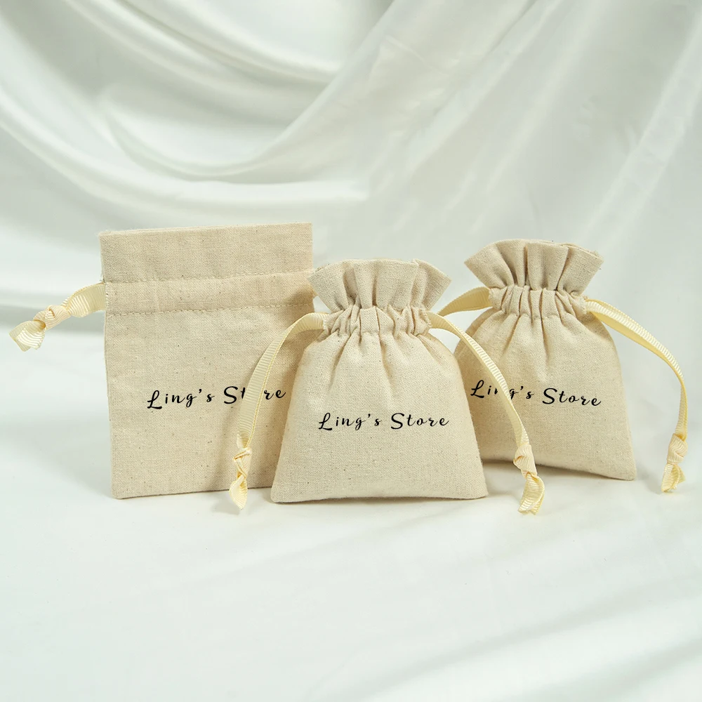 100Pcs Personalized Logo Natural Jewelry Cotton Drawstring Ribbon Gift Bag Earring Ring Cosmetic Shopping Travel Packaging Pouch