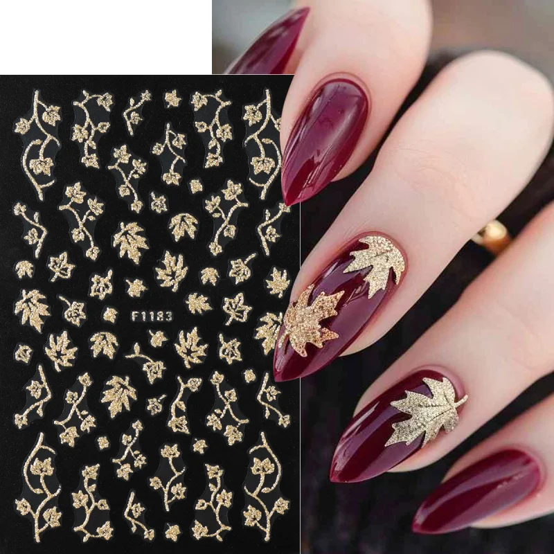 Autocollants pour ongles en forme de feuille de paillettes dorées brillantes, feuilles d'automne scintillantes, fleur d'hibiscus, modèles français, breloques pour ongles, décalcomanies de décoration