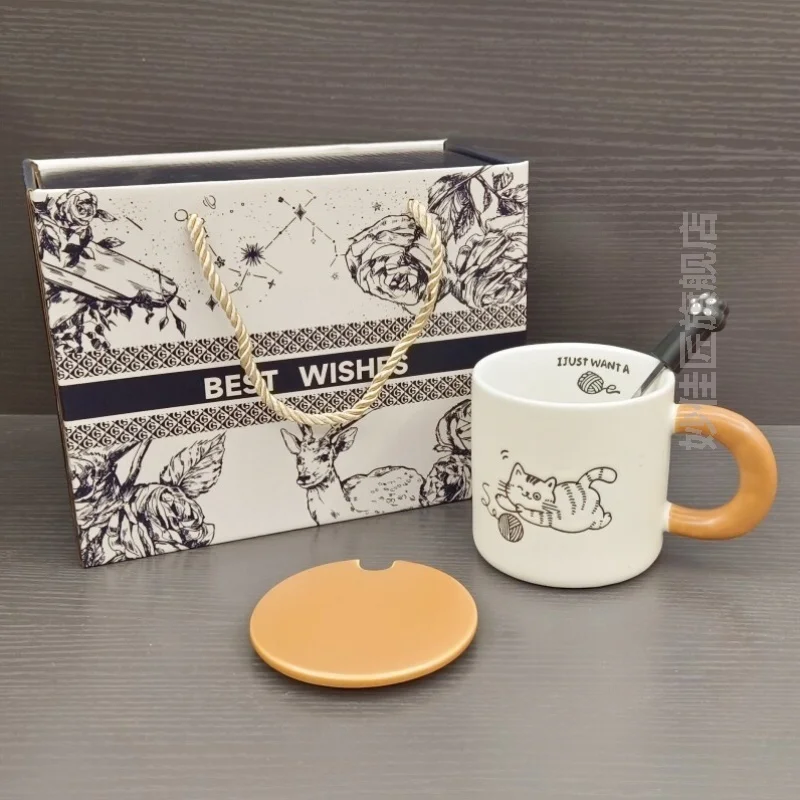 手描きの陶器製猫マグカップ-高級感あふれるクリエイティブな誕生日プレゼント-男女兼用-家庭用コーヒーカップ-漫画風-ユニバーサル