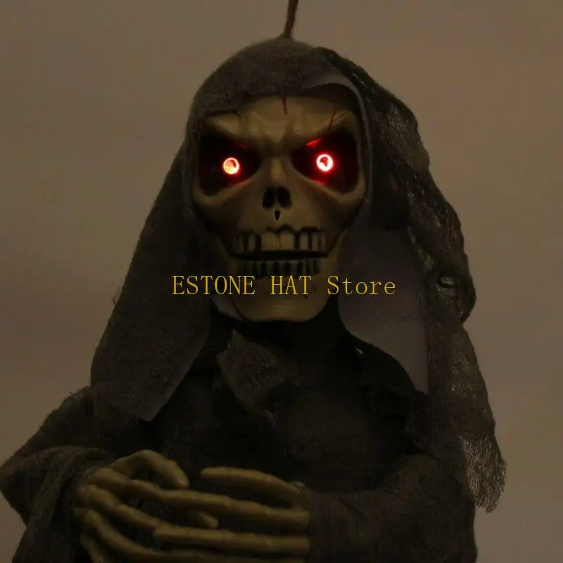 49MF Animated Scary Hanging Electric Glowing Eyes Shake Bat Wings Creepy Sound Flying Skull Skeleton Death Halloween Party