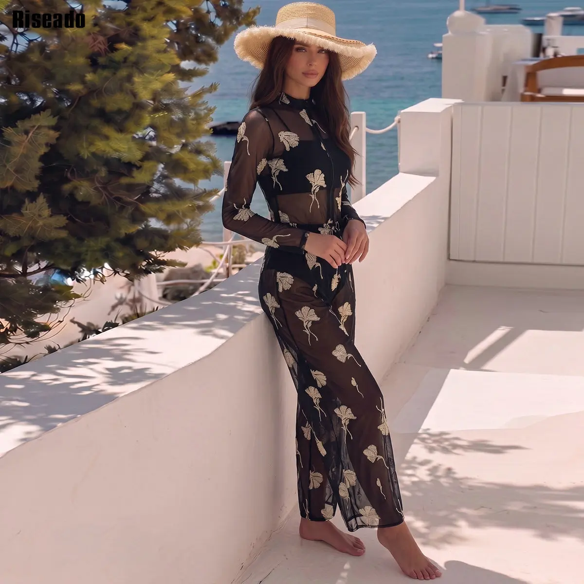 2026 Mesh Swimsuit with Long Pants Resort Swimwear Leaf Print Black Sexy Beach Vacation Swimsuit‌ ‌Cover-up Bathing Suit