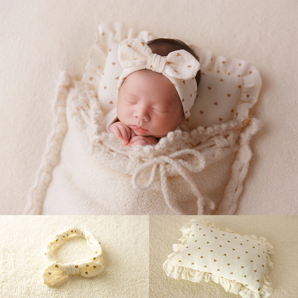 0-1 Month Baby Photography Props Heart Print Pillow Wrap Headdress Beige Wool Blanket With Pocket Background Studio Photo Props