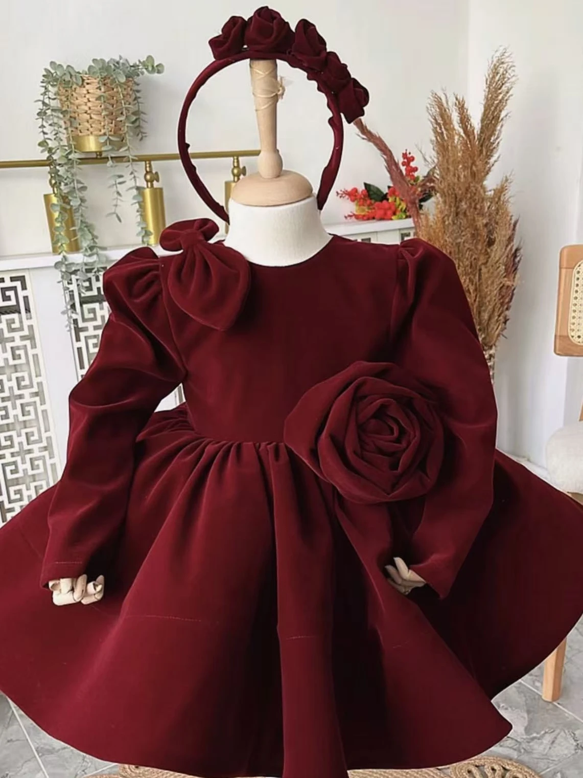 

0-12Y Baby Girl Autumn Three-dimensional Rose Burgundy Velvet Vintage Princess Dress for Birthday Holiday Eid Christmas C238