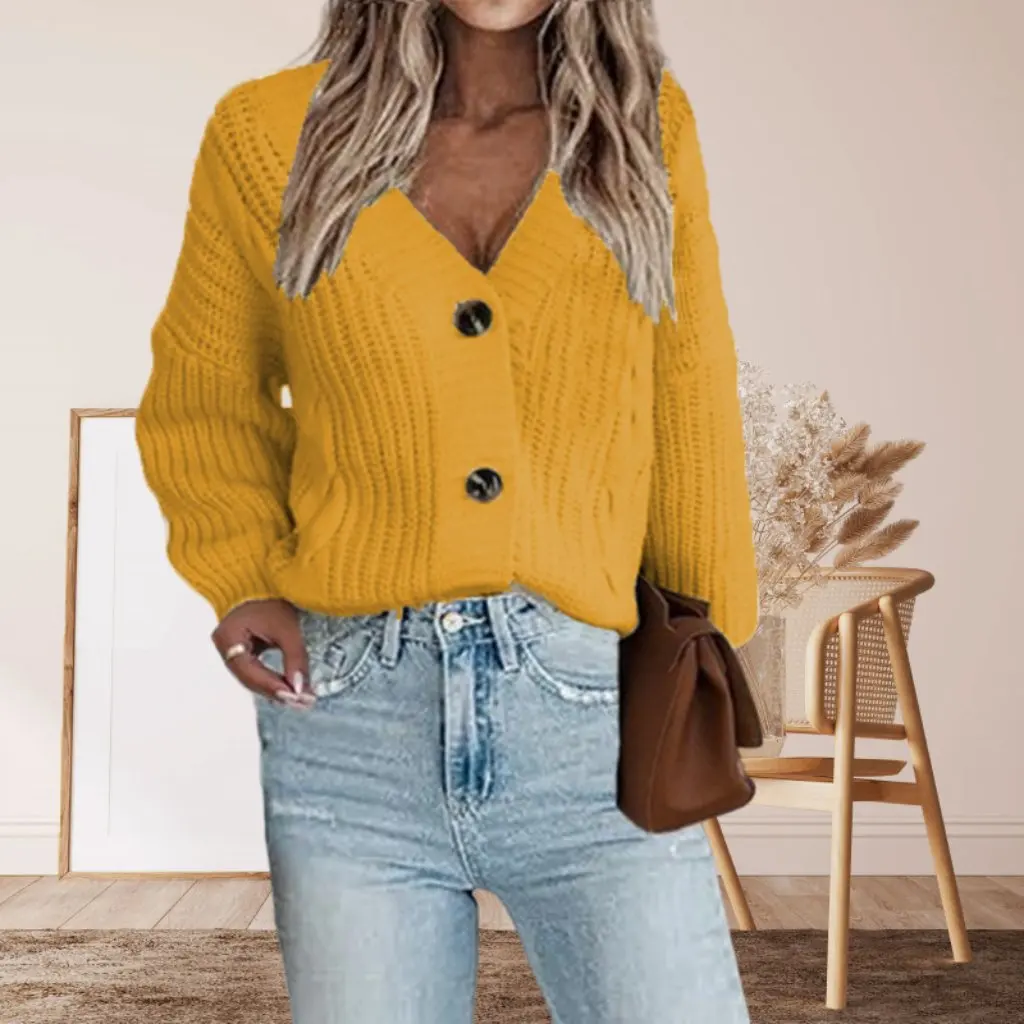 

Women's Autumn Winter Casual Cardigan Jacket Solid Color Twist Button Sweater European American Style by