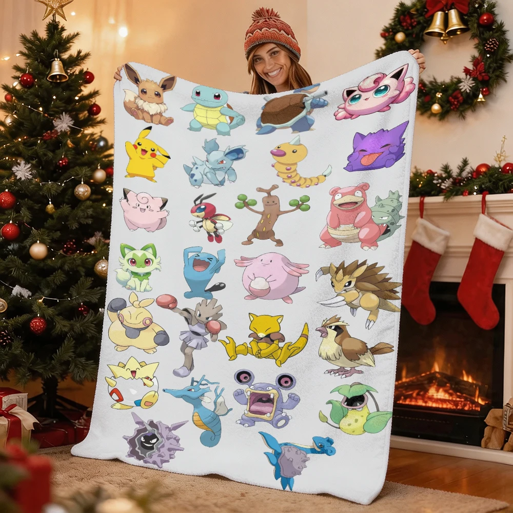 Pokemon Pikachu Gengar Bulbasaur Charmander Squirtle Psyduck Flannel Throw Blanket Soft Warm Blanket for Sofa Bed Home Decor Gif