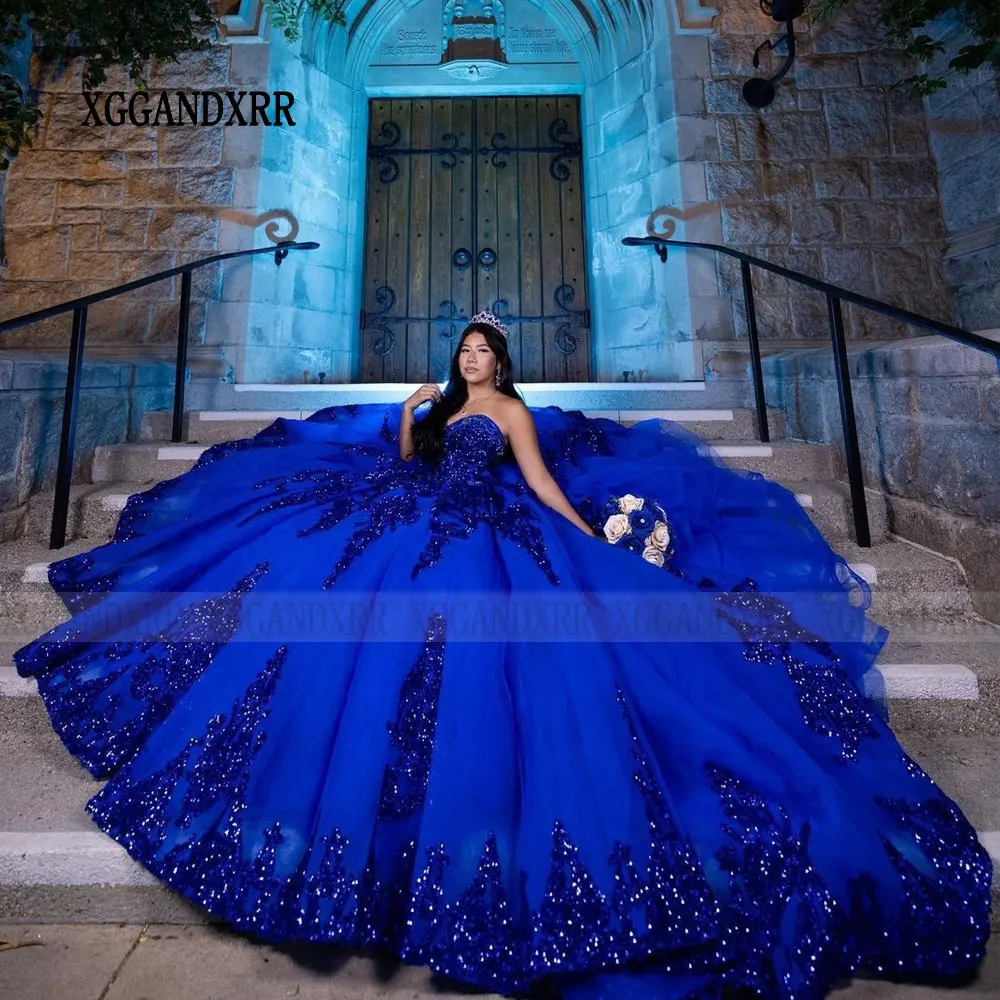 Blue Ball Gown Quinceanera Dress 2024 Long Train Ruffle Princess Tulle Vestidos De 15 Años Birthday Party Sweet 16 Dress 2023