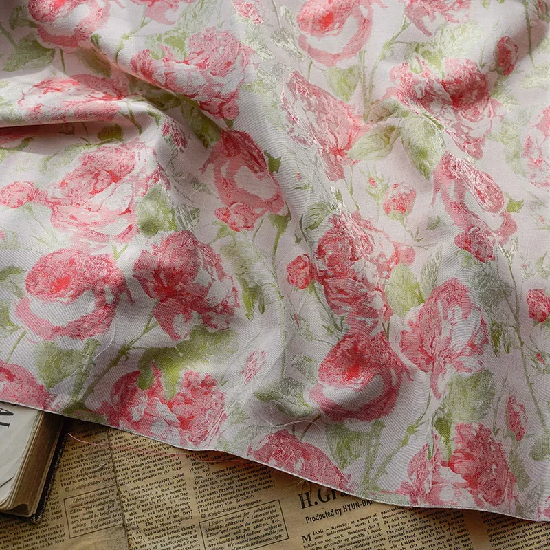 

Pink Rose Pastoral Style Yarn Dyed Jacquard Fabric Women's Spring Autumn Soft Drape Cheongsam Diy Sewing Fabric