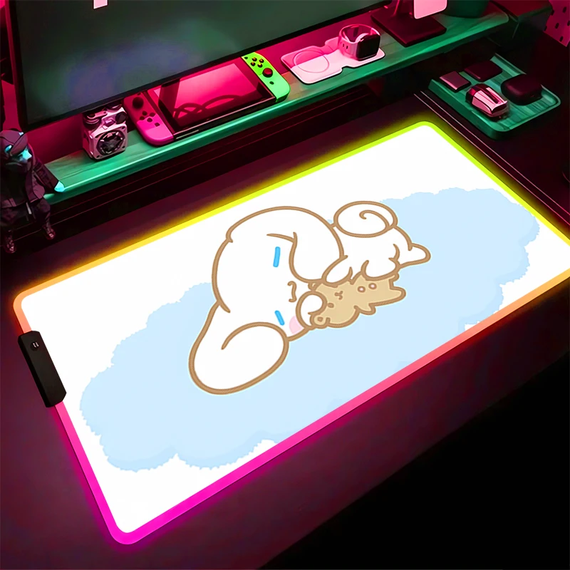 

RGB светодиодный коврик для мыши, компьютерный геймер, аксессуары для ПК, коврик для мыши, резиновый удлиненный коврик, нескользящий C-cinnamoroll, настольный коврик, коврик для клавиатуры ноутбука