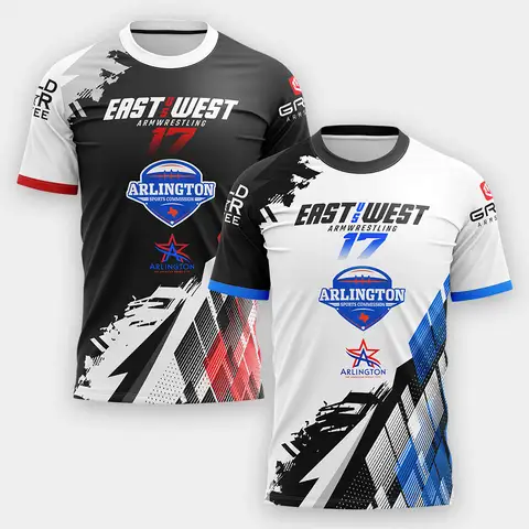 East Vs West 10-15 Devon Larratt Arm Wrestling Jersey 반팔 손목 매니아 훈련 피트니스 게임 데이 유니폼 의류