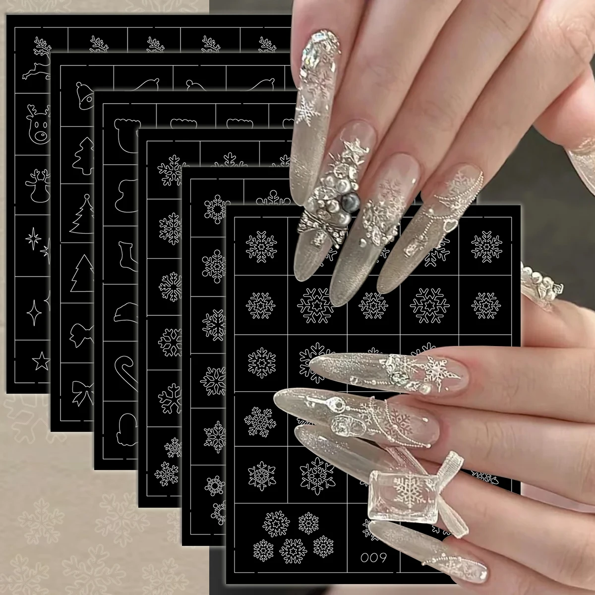 3 to 18 Sheets Christmas Xmas Hollow Nail Stencil Templates Snowflake Reindeer Tree Bow Winter DIY Manicure Guide Nail Stickers