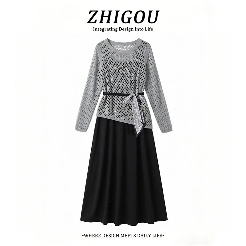 

Элегантный вязаный комплект-двойка с ажурным узором для женщин: весенне-осенний, премиум-класса, легкий, в зрелом стиле