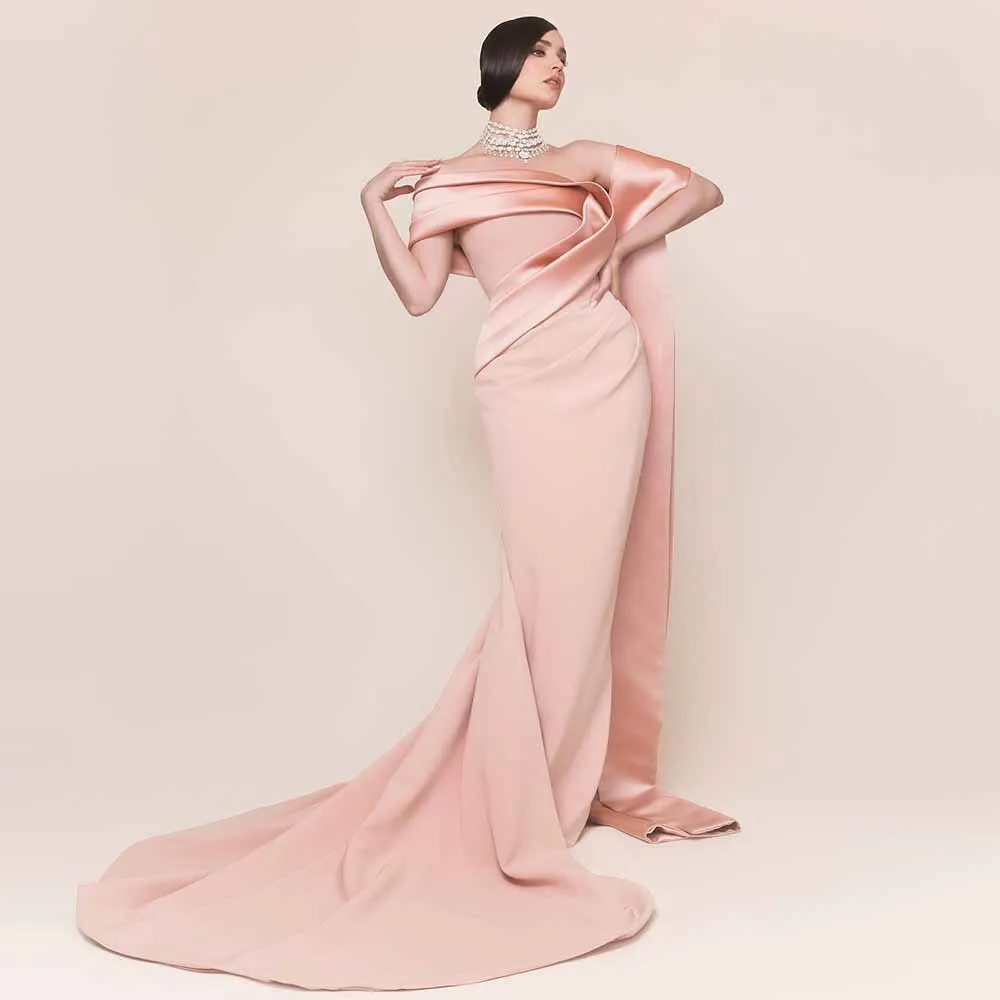 

Современные женские вечерние бальные платья из креповой ткани, платье-футляр/колонна знаменитости, розовое вечернее платье с драпировкой на одно плечо и хвостом