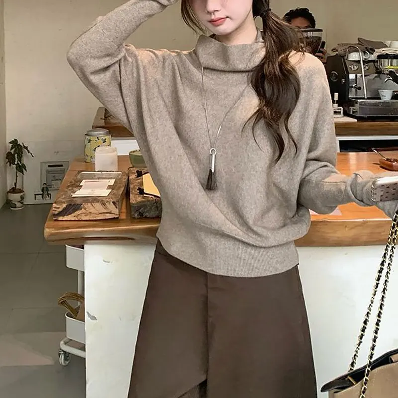 

Fashionable Turtleneck Aura Sweaters Female Clothing Vintage Solid Color Autumn Winter Stylish Batwing Sleeve Knitted Pullovers