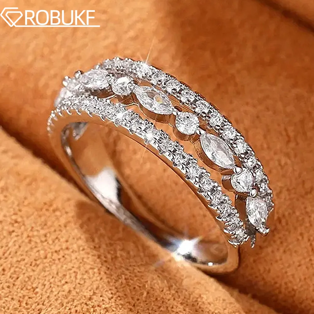 

All Moissanite Ring for Women Marquise Round Cut Lab Diamond 925 Sterling Silver Luxury 3 Row Half Eternity Wedding Band Jewelry