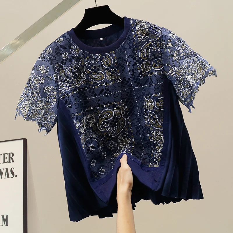 

Модная новая китайская футболка с объемной вышивкой, водорастворимыми цветами, свободного кроя, с круглым вырезом, в уличном стиле, весна-лето