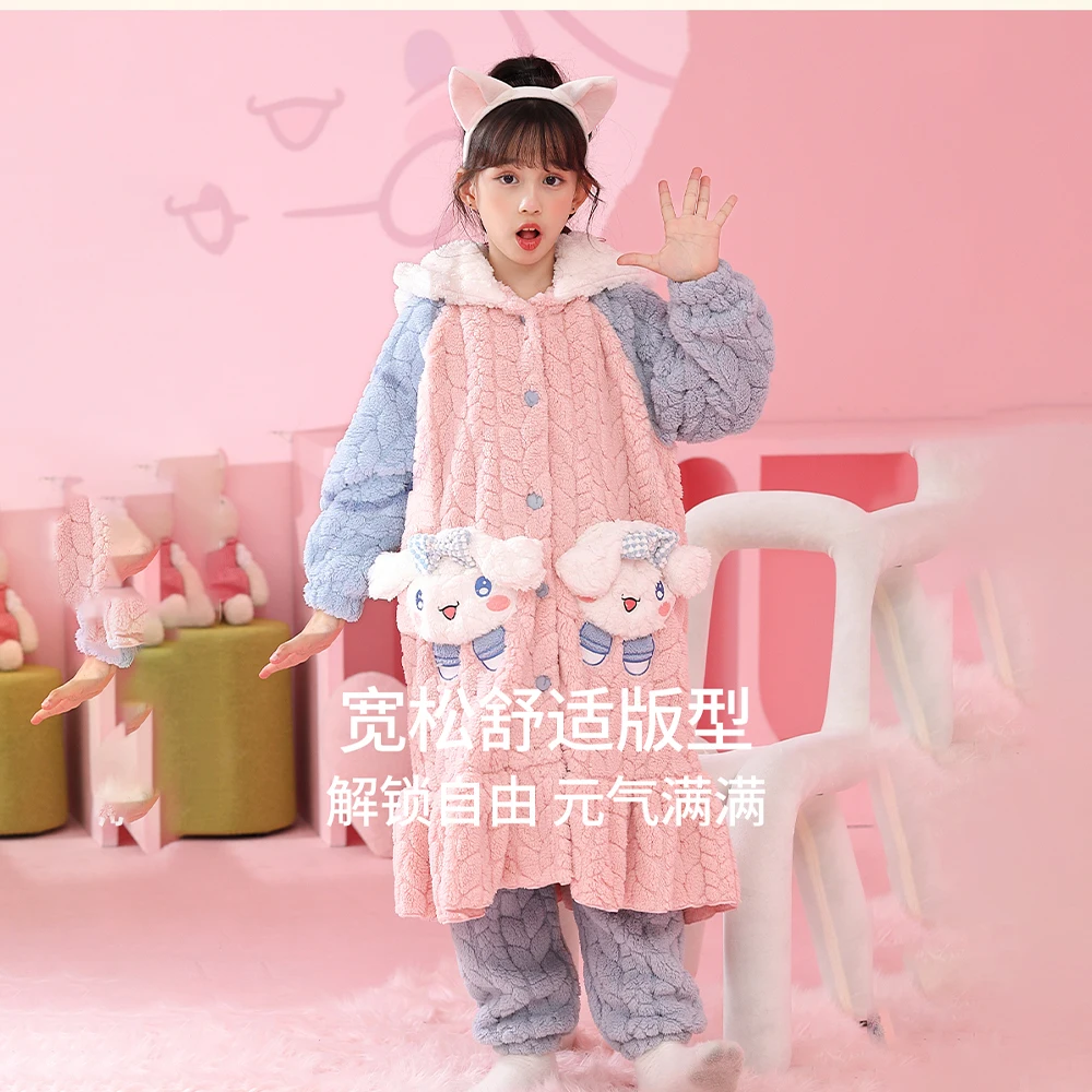 Winter Anime Sanrioed Cinnamoroll Kuromi Children\'s Pajamas Warm Robenight-Robe Cute Coral Velvet Thicken Warm Girl Boys Pajama