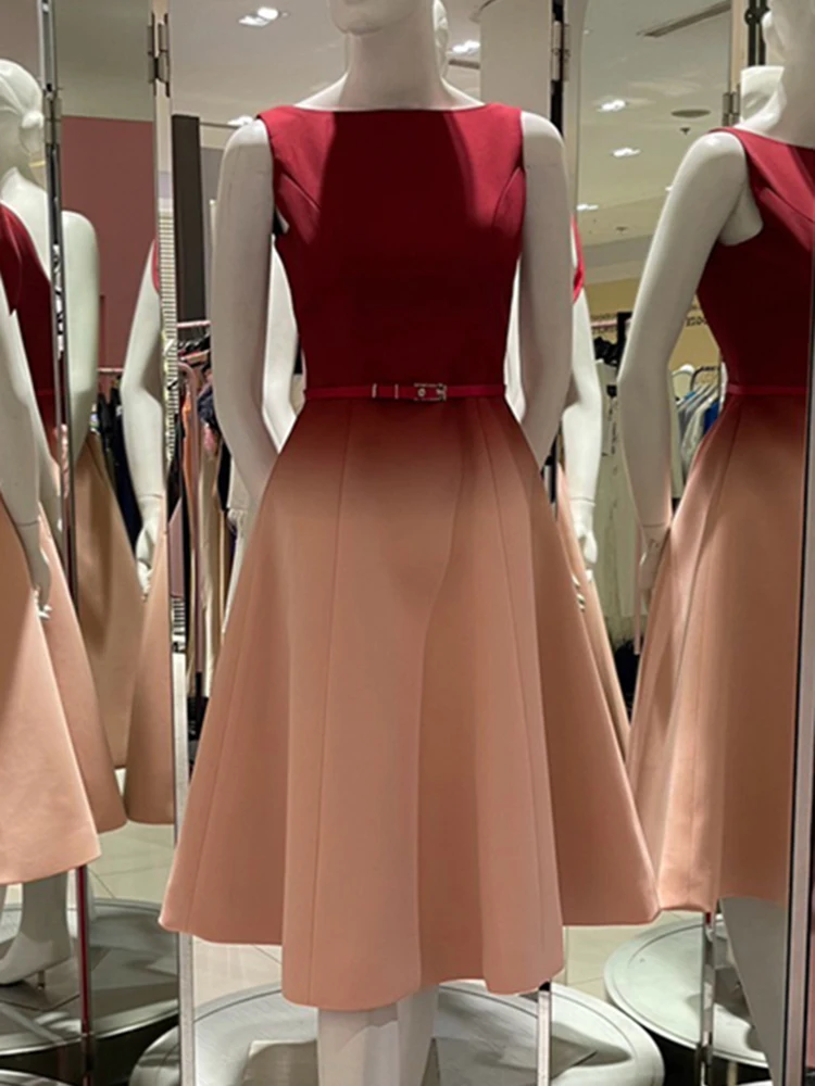 LISM moda mujer noche cuello redondo Patchwork contraste Color espalda satén manga elegante vestidos de fiesta 2025 primavera nuevo