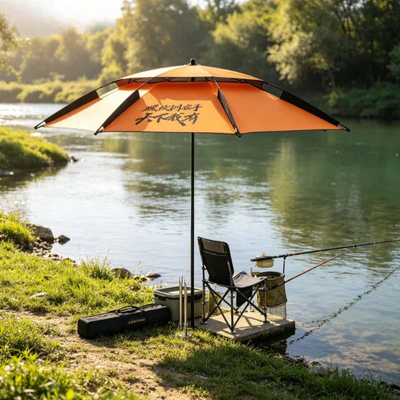 2.2m Orange Fishing Umbrella Threaded Steel Pole Bright Canopy for Sun Rain Shelter at Bank Lake Outdoor Angling Use 낚시 우산