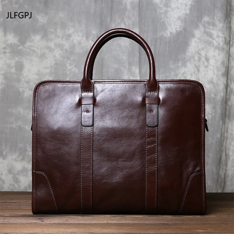 JLFGPJ Vegetable Tanned Top Layer Cowhide Laptop Bag For Men's Casual Horizontal Large Capacity Genuine Leather Simple Briefcase