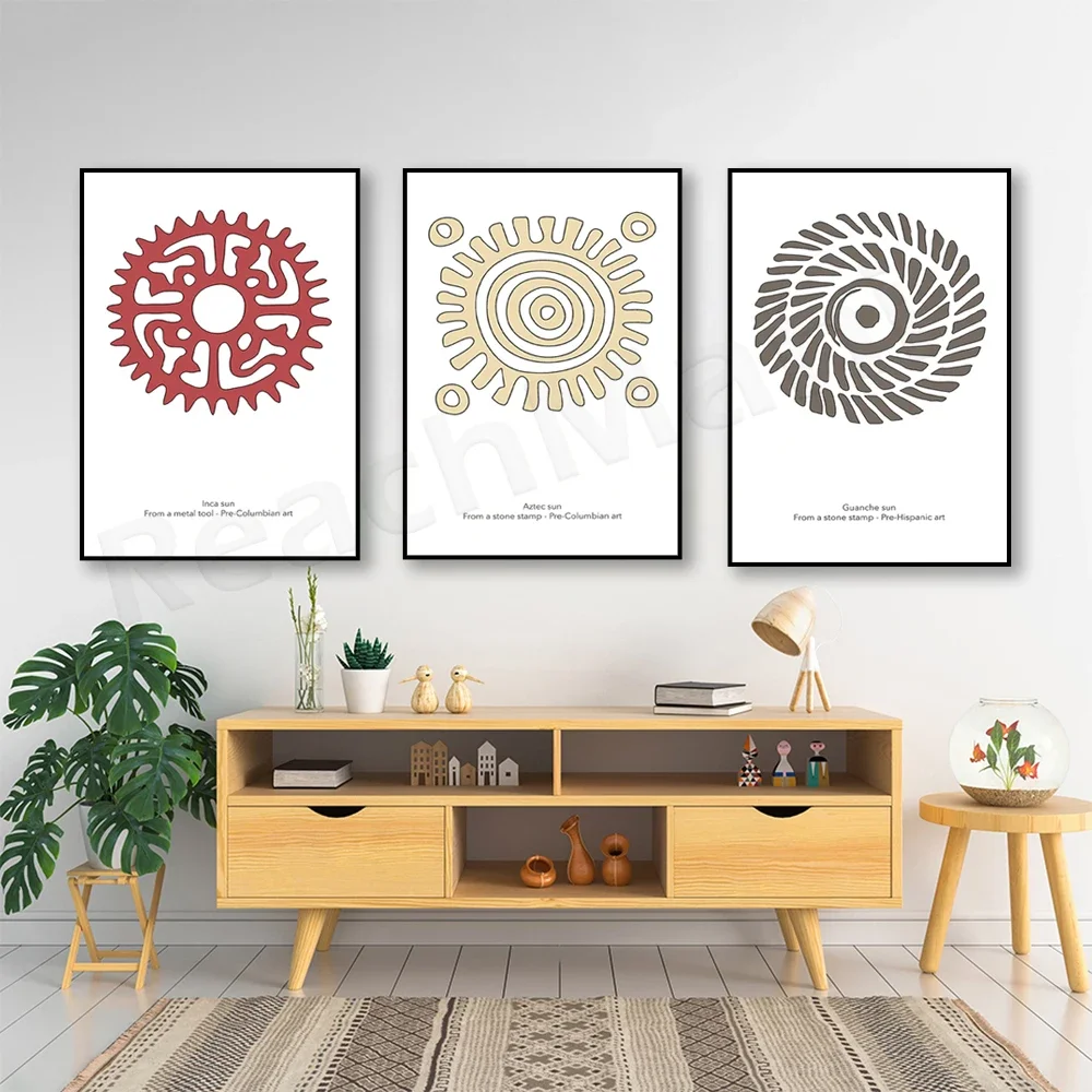 Tribal art, set of sun prints, indigenous murals, caravan, Inca and Aztec posters, ethnic art prints, abstract sun illustrations