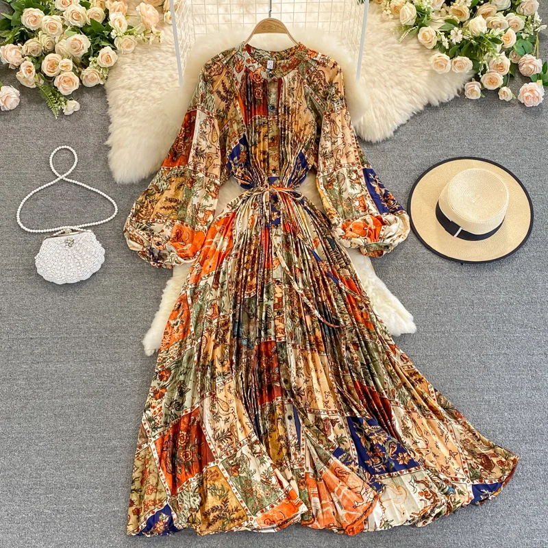 

2024Casual elegant sexy dress, Chiffon Floral Printing Boho Dress Woman Puff Sleeve Lace-up High Waist Midi Pleated Dresses Wome