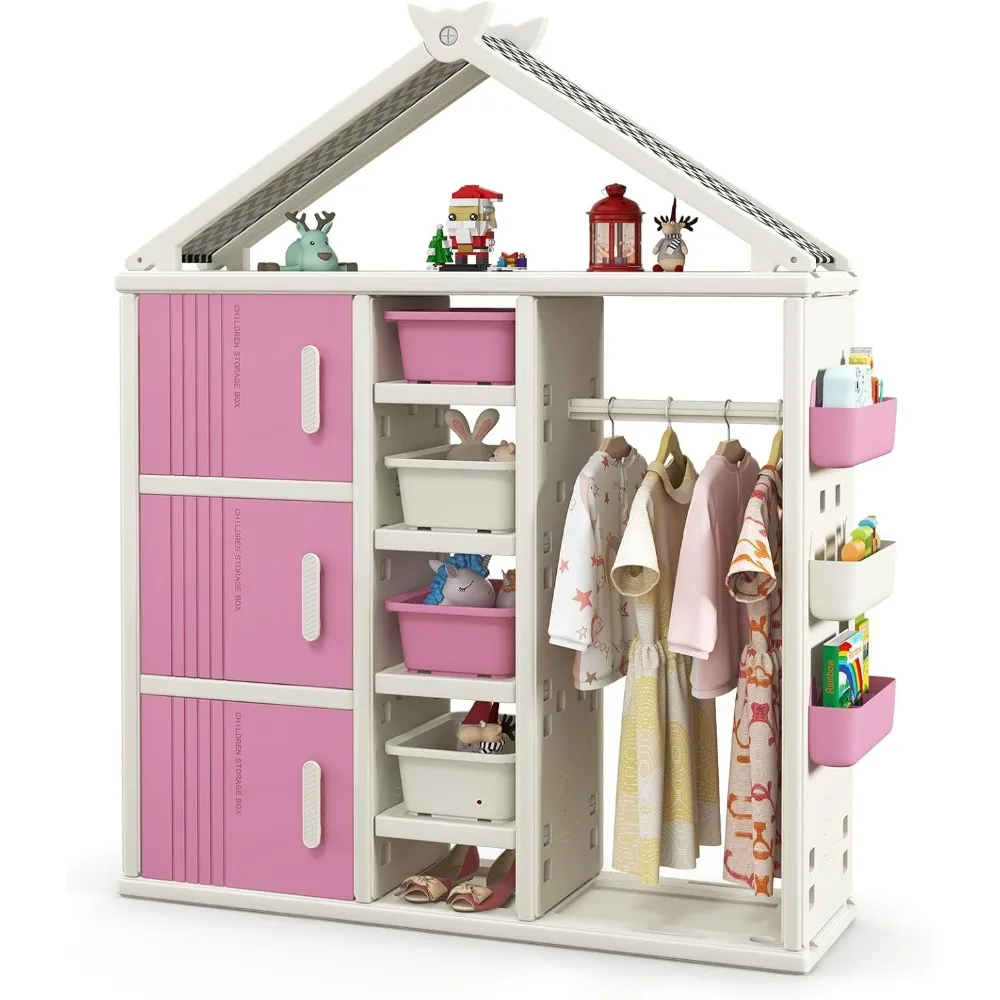 

Kids Costume Storage Closet, Children Pretend Dresser Wardrobe, Open Hanging Armoire Closet with Storage Bins, Shelves