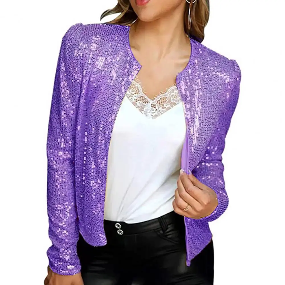 Spring Winter Women Jacket Coat Sequins Solid Color Slim Shiny Glitter Overcoat Outwear Elegant Cardigan Jacket Streetwear