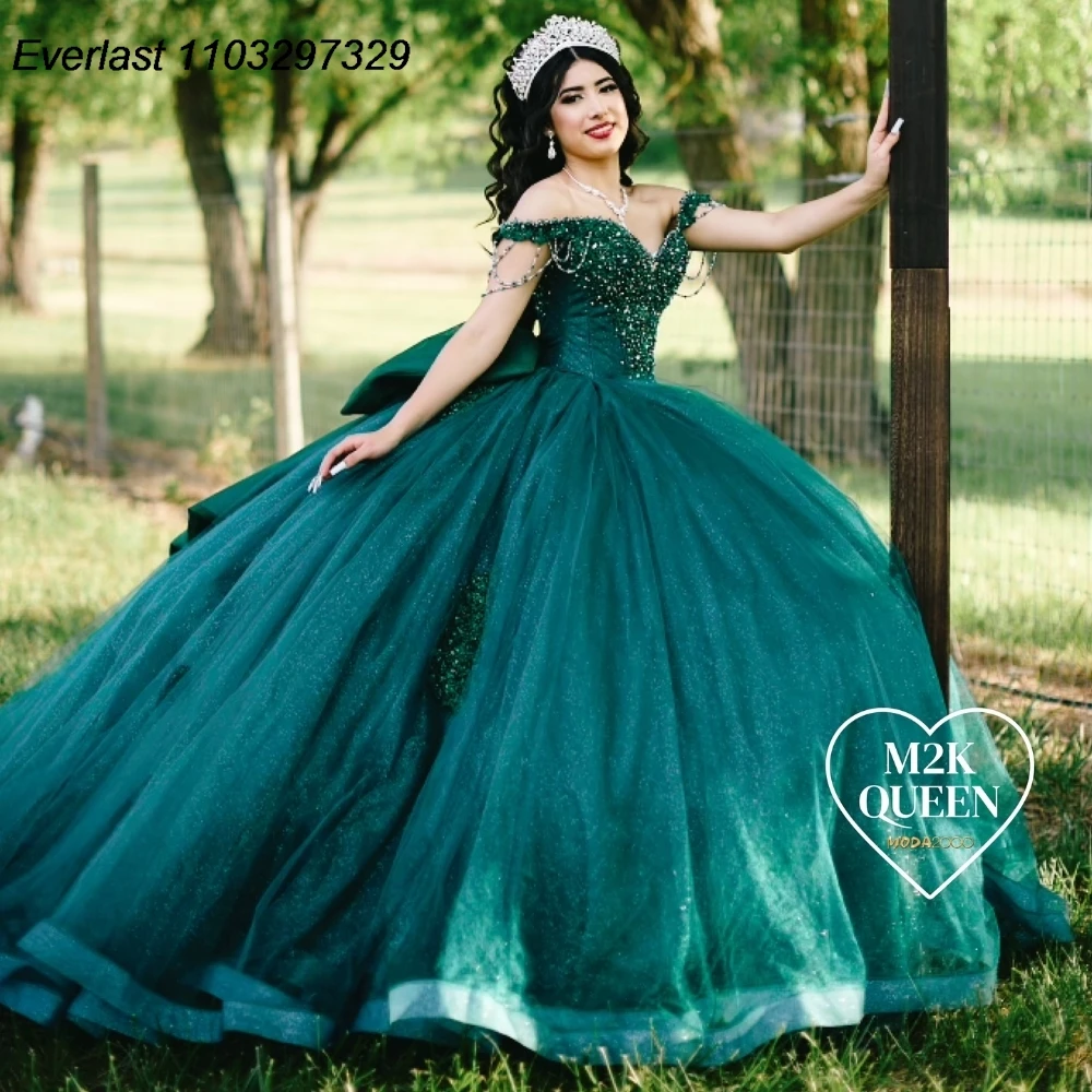 

EVLAST Customized Charro Emerald Green Quinceanera Dress Ball Gown Applique Beaded Bow Corset Sweet 16 Vestido De 15 Anos QD1092