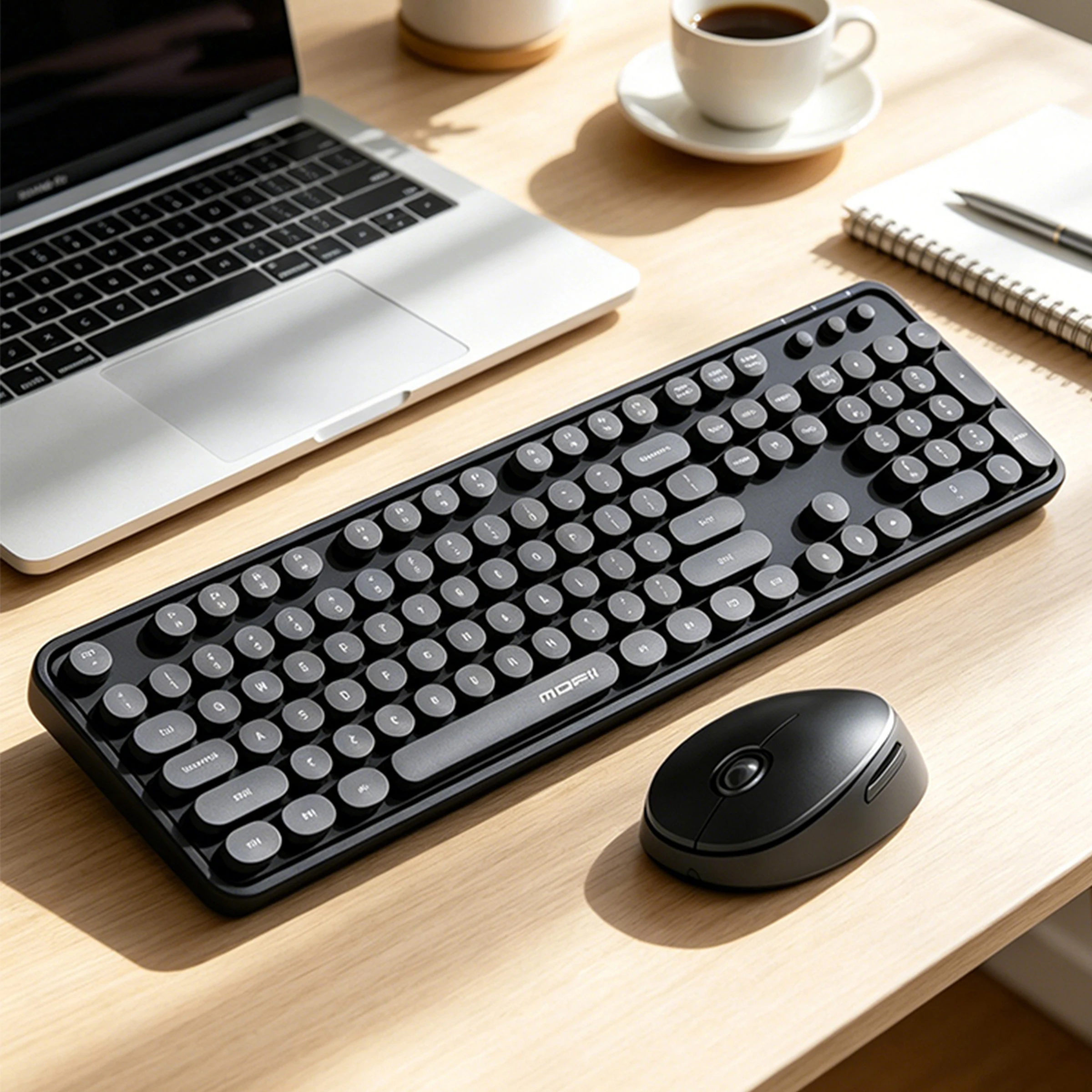 MOFii Black Retro Round Keycaps Wireless Keyboard & Mouse Combo, 2.4G Quiet Office Set, US QWERTY Layout