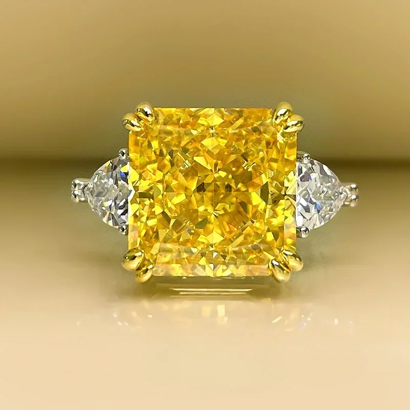 

Yellow Diamond 925 Silver High Carbon Diamond Ring with Gold Plated Broken Ice Cut Wedding Gift Jewelry Rings for Women