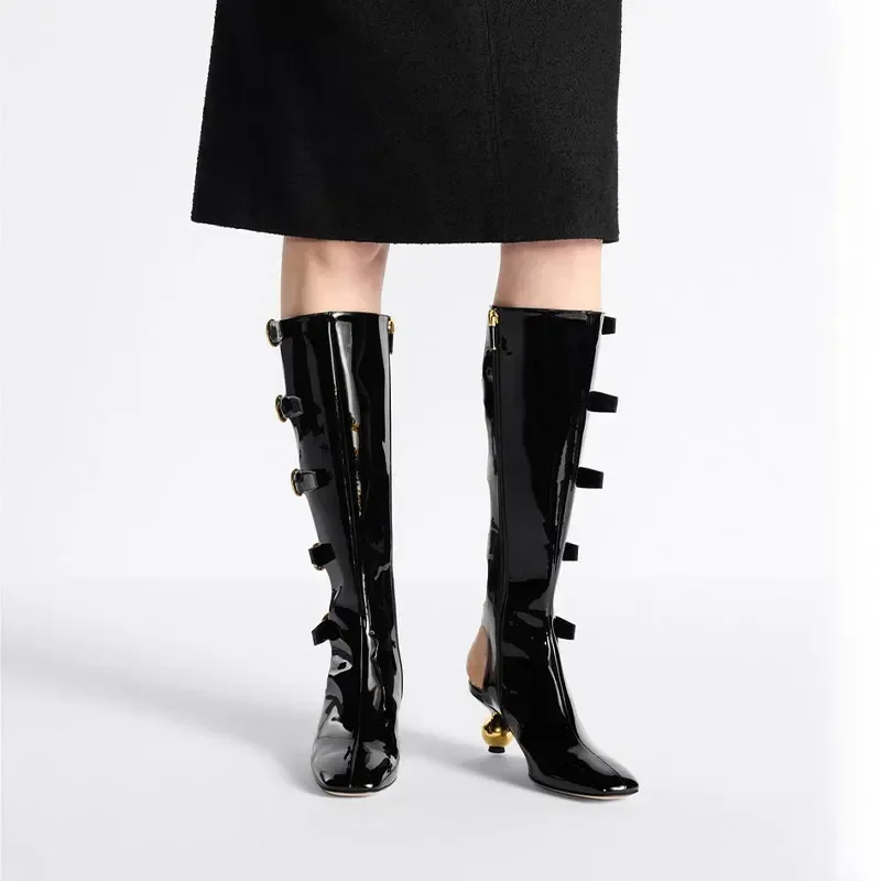 Knight Style Square Toe Patent Leather Boots with Empty Low Heels, Round Heels, High Boots, Belt Buckle Shoes for Women