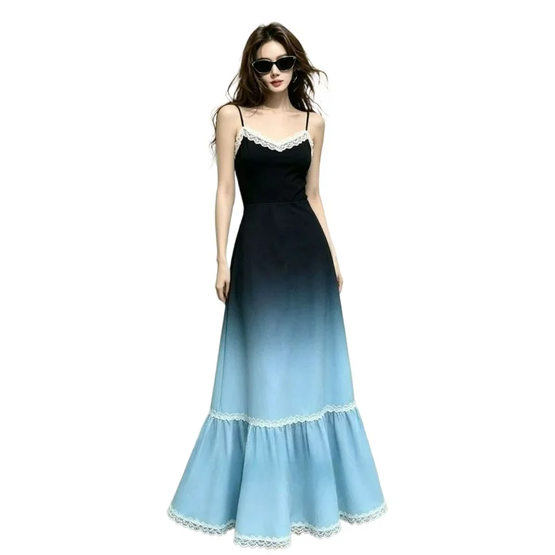 

2026 Summer New Fashionable Beach Resort Style Lace Splicing Iceberg Blue Gradient Blended Sleeveless Strap Dress for Women
