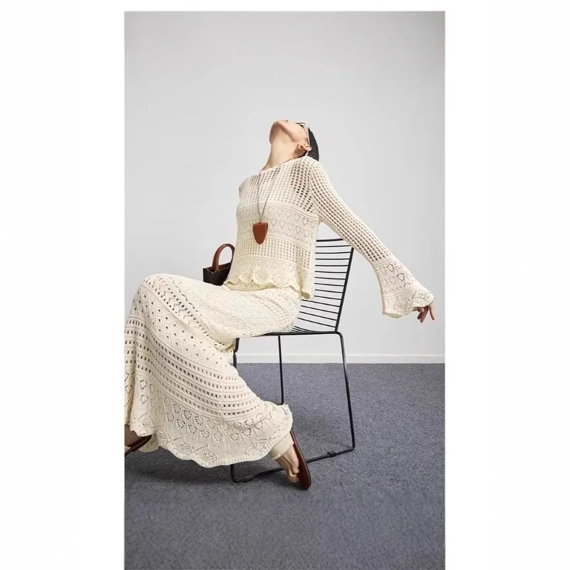 

French Gentle Hollow Crochet Knitted Women's Cardigan Top Skirt New High Waist High Temperament Fashion Suit