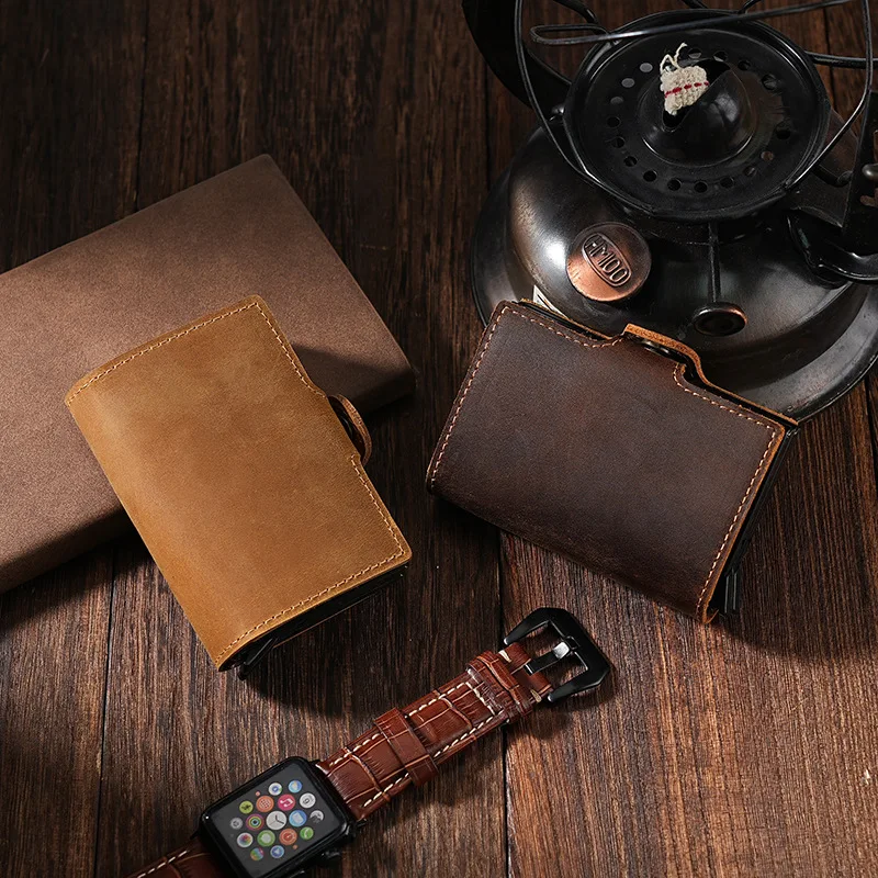 Crazy horse leather leather automatic card bag, men's aluminum alloy pop-up credit card clip