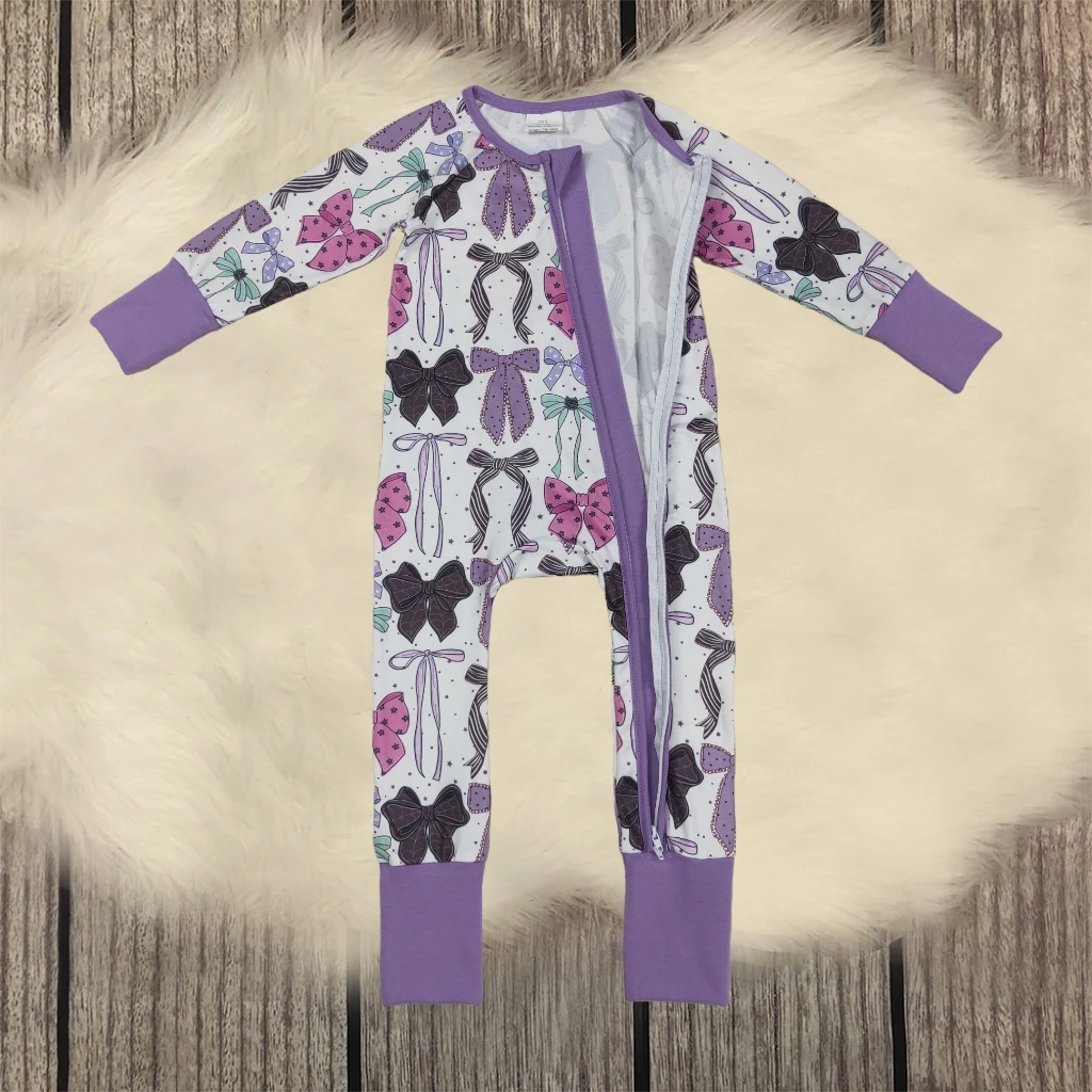 

Children Newborn Halloween Bows Romper Baby Girl Infant Long Sleeves Fall Kids Toddler Girls Purple Zipper Jumpsuit Wholesale
