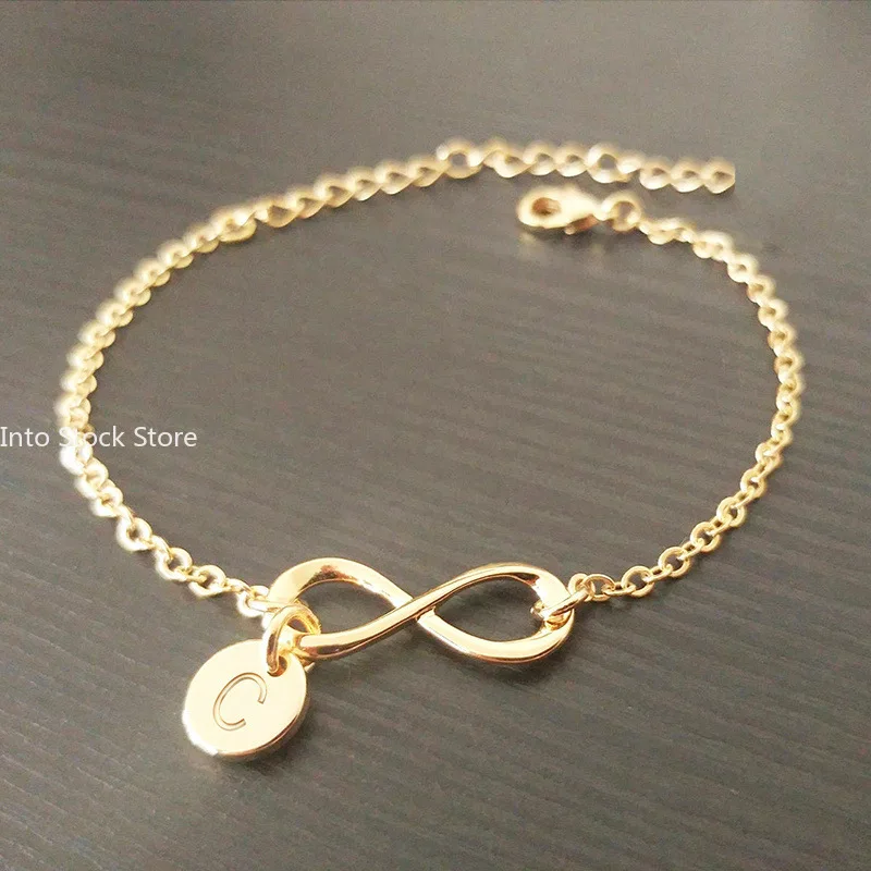 Fashion Carving Letters on Round Pendant Bracelets Women Men Transverse 8 Infinity Lucky ∞ Symbol Gold Color Bracelet Jewelry