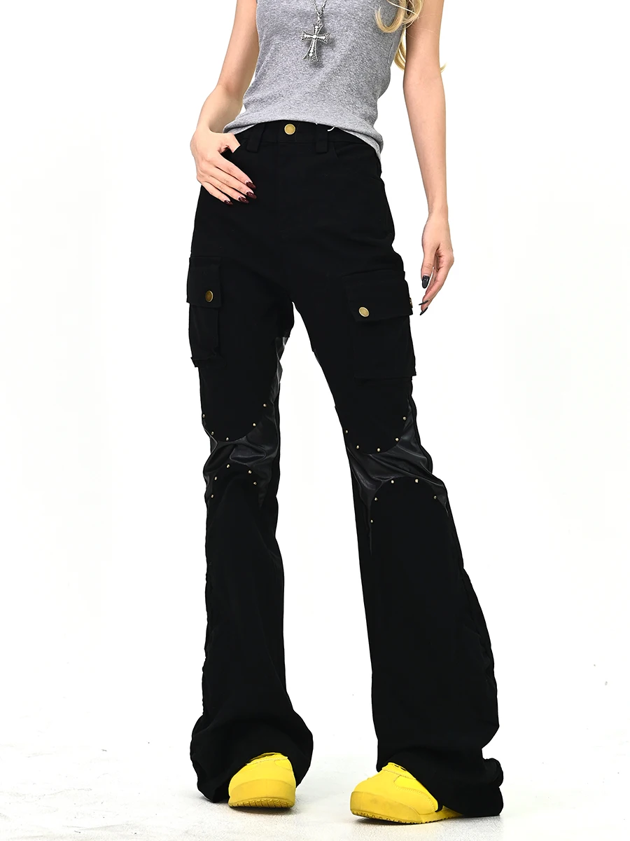 

Women's Punk Patchwork Leather Micro Flare Jeans Straight Leg Durable Wear Resistant Spring New Sle American Streetwear