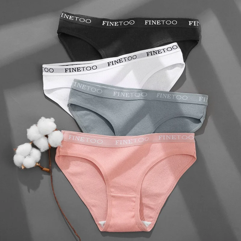 FINETOO 4Pcs Cotton Striped Underwear Women's Panties Letter Belt Briefs Ladies Low Waist Lingerie Solid Breathable Underpants - Image 4