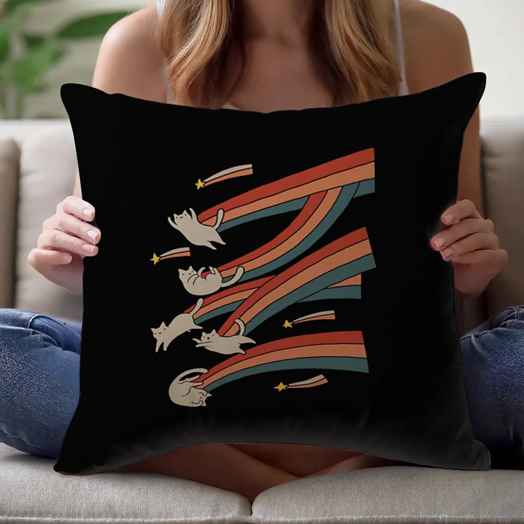 Vintage Shooting Star Cat Pillow Cover Polyester Single-Sided Print Zipper Closure Machine Washable Sofa Bed Decor