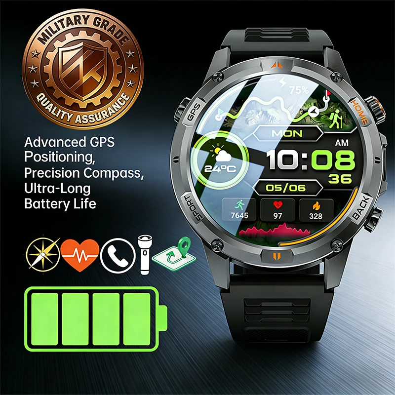 

New GPS Track Smartwatch Men Outdoor Sports Wrist Call Watch Compass 580mAh Strong LED Flashlight Heart Rate Monitor Smart Watch