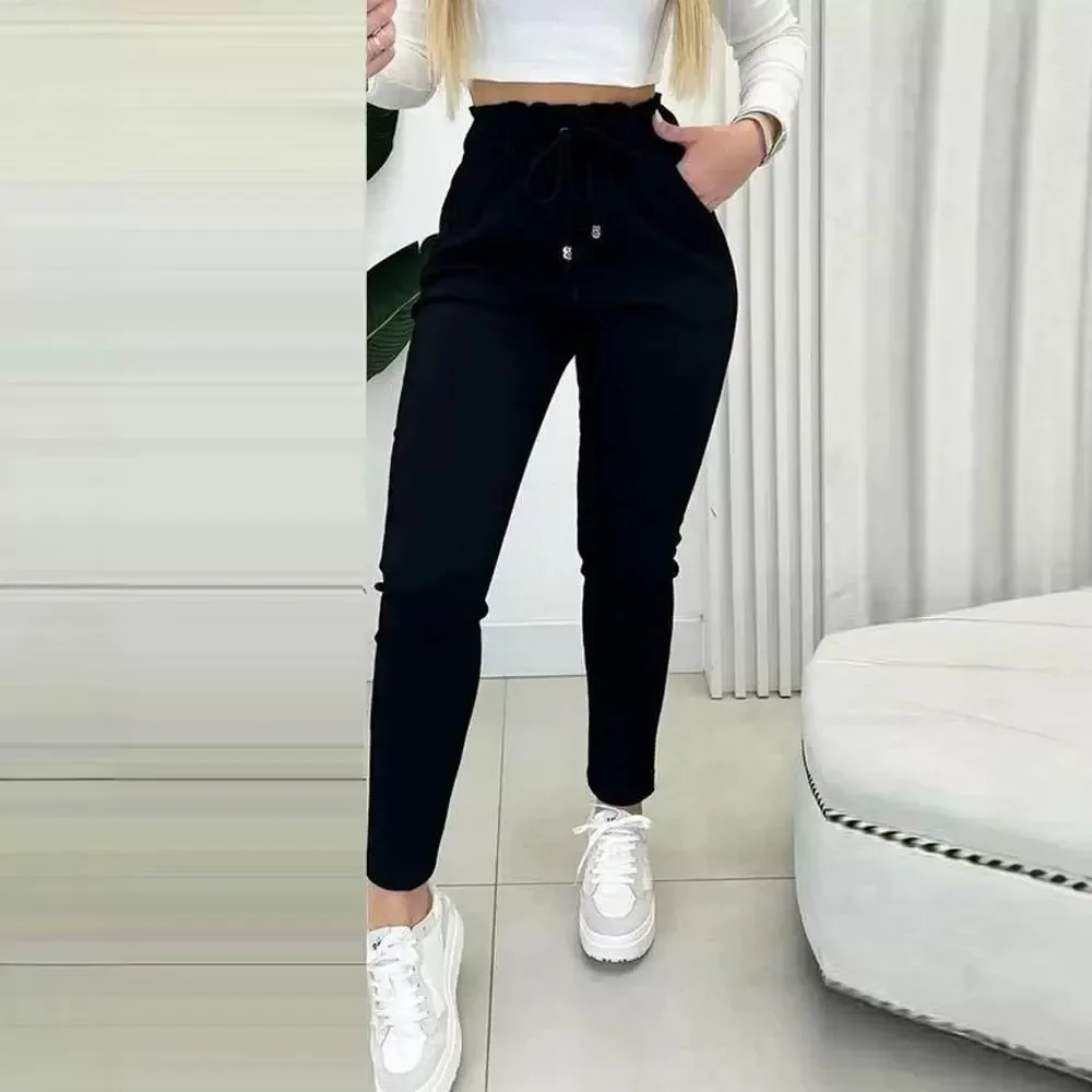 Calça casual feminina com cordão, bolso de cintura alta, calça diária skinny, decoração de botões, moda forrada, primavera e outono, Y2K, 2024