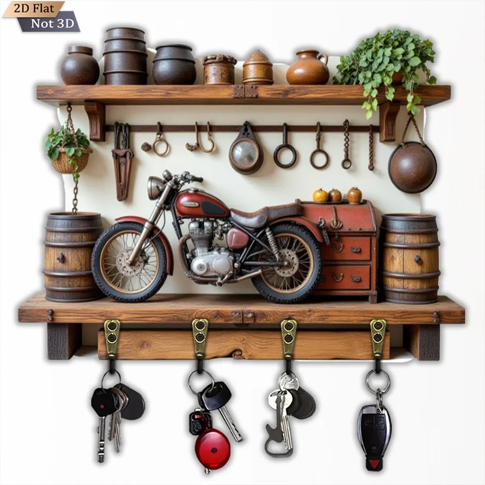 2D Flat, 1pc, Vintage Distressed Key Hook, Wooden Multifunctional Home Key Hook with Four Metal Hooks, Wall Decoration, Porch