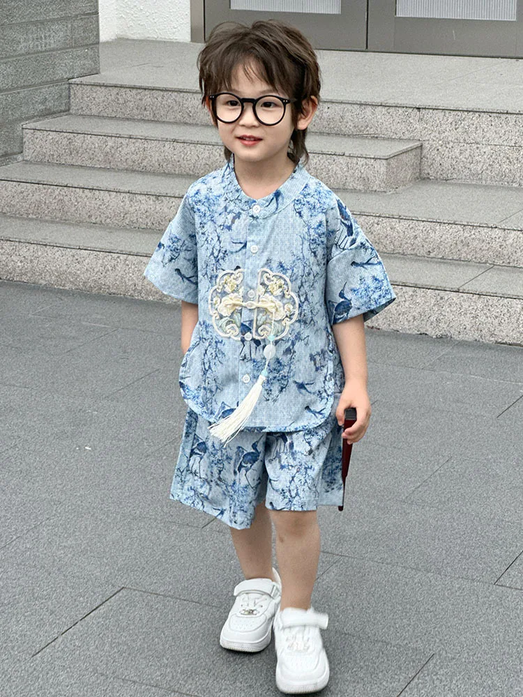 

2Pcs 2025 New Children Chinese Style Set Summer Baby Boys Girl Tang Dress Hanfu Short Sleeve Ancient Style Leisure Summer Dress